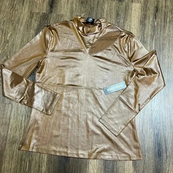 Olivia‎ Jordan Long Sleeves High Neck Liquid Shine Front Cut Out Top Blouse Sz L - Picture 8 of 8